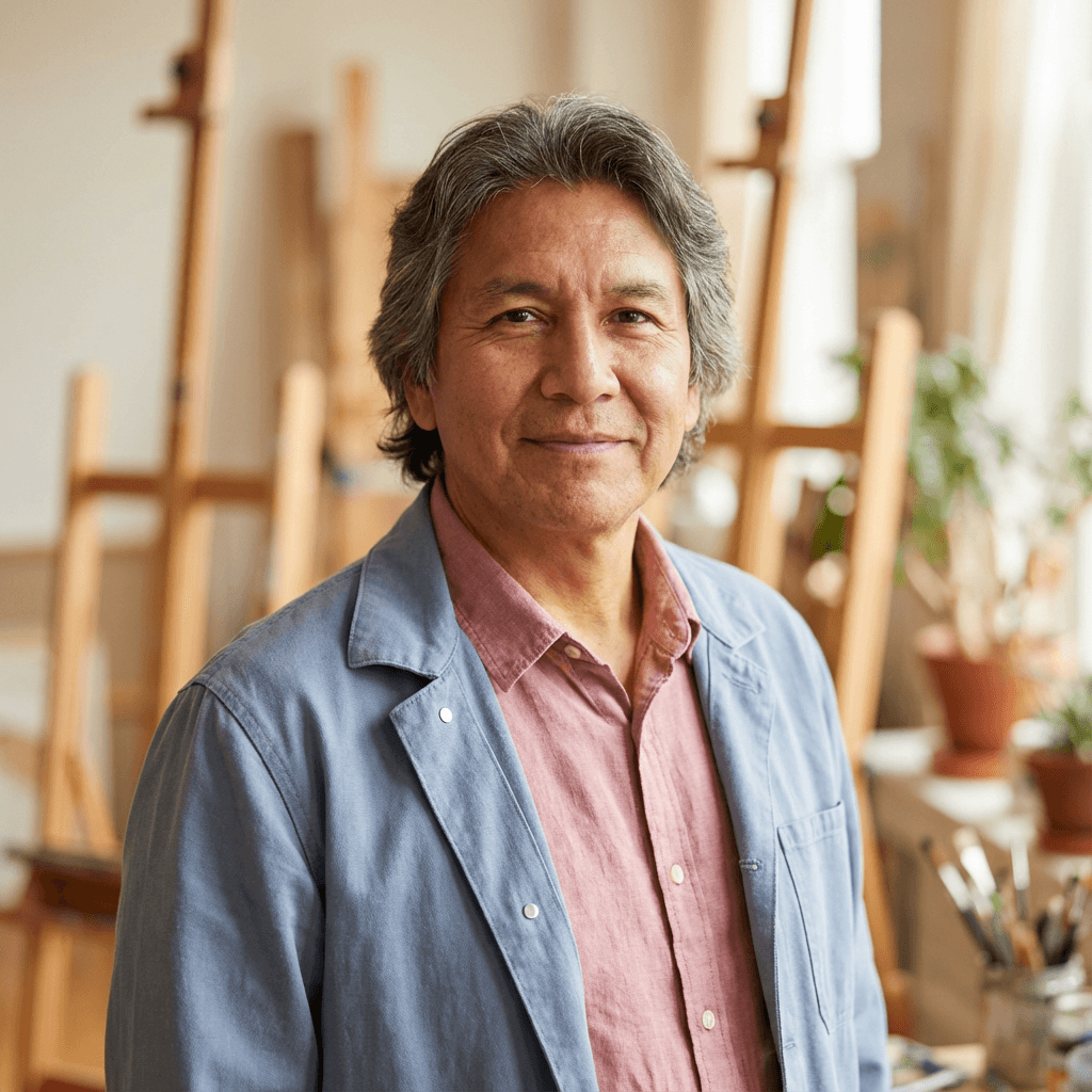 Smiling middle-aged man with graying hair in an art studio with several wooden easels.