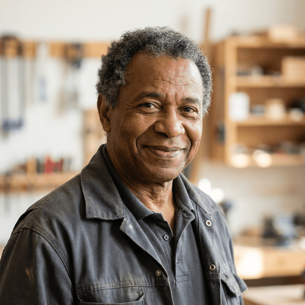 Smiling senior Black man with gray hair wearing a work jacket in a blurred workshop.