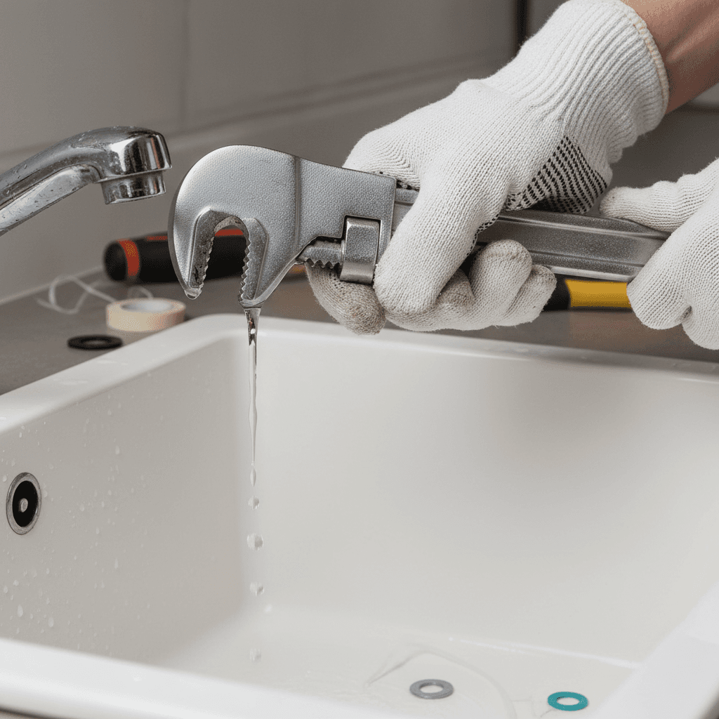 Contractor hands tightening a kitchen faucet with a wrench, water dripping slightly, focused detail on the repair work