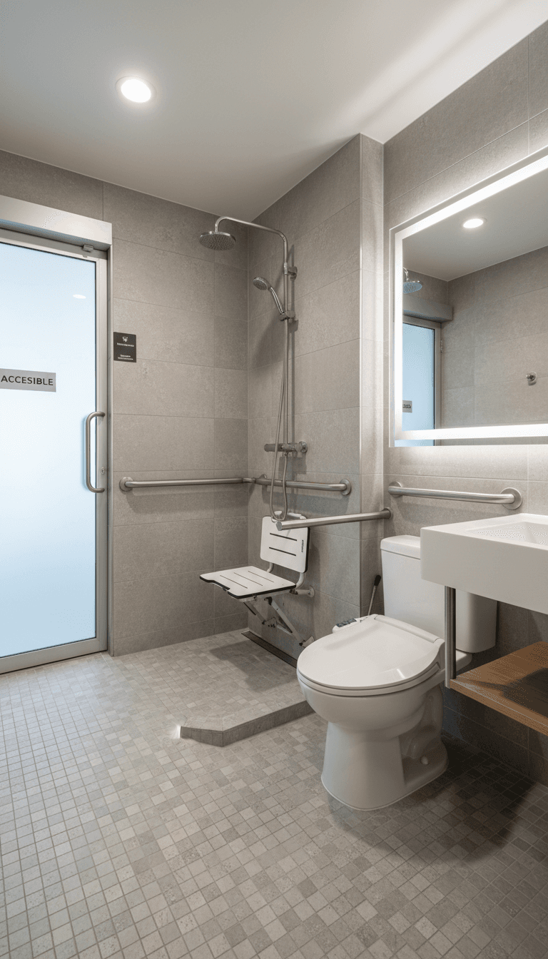 Accessible bathroom with roll-in shower and comfort height toilet