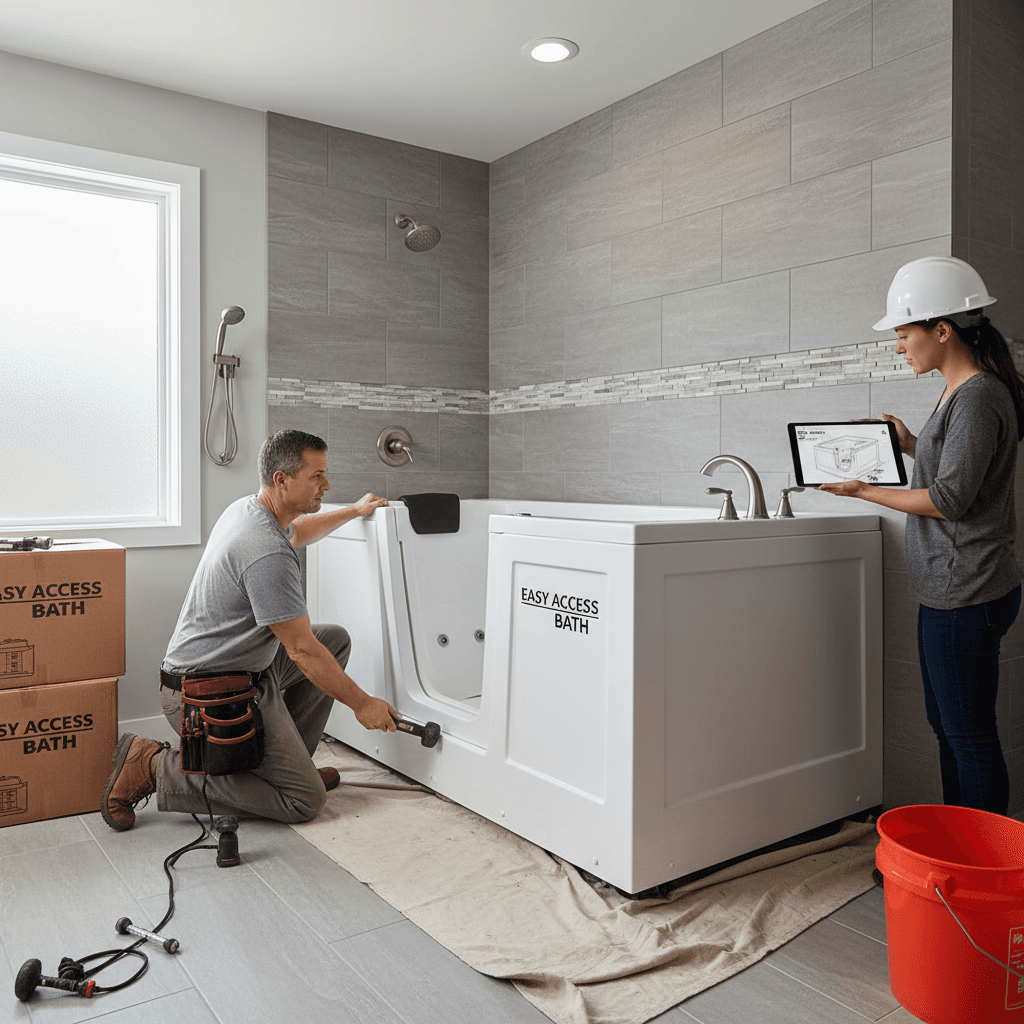 Contractor fitting a new walk-in tub