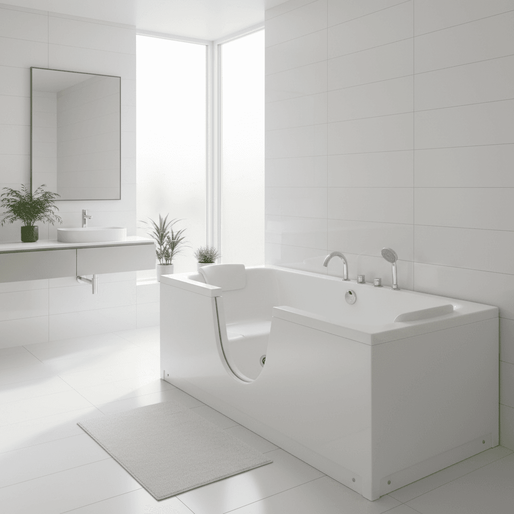 Modern walk-in tub with low entry and built-in seat