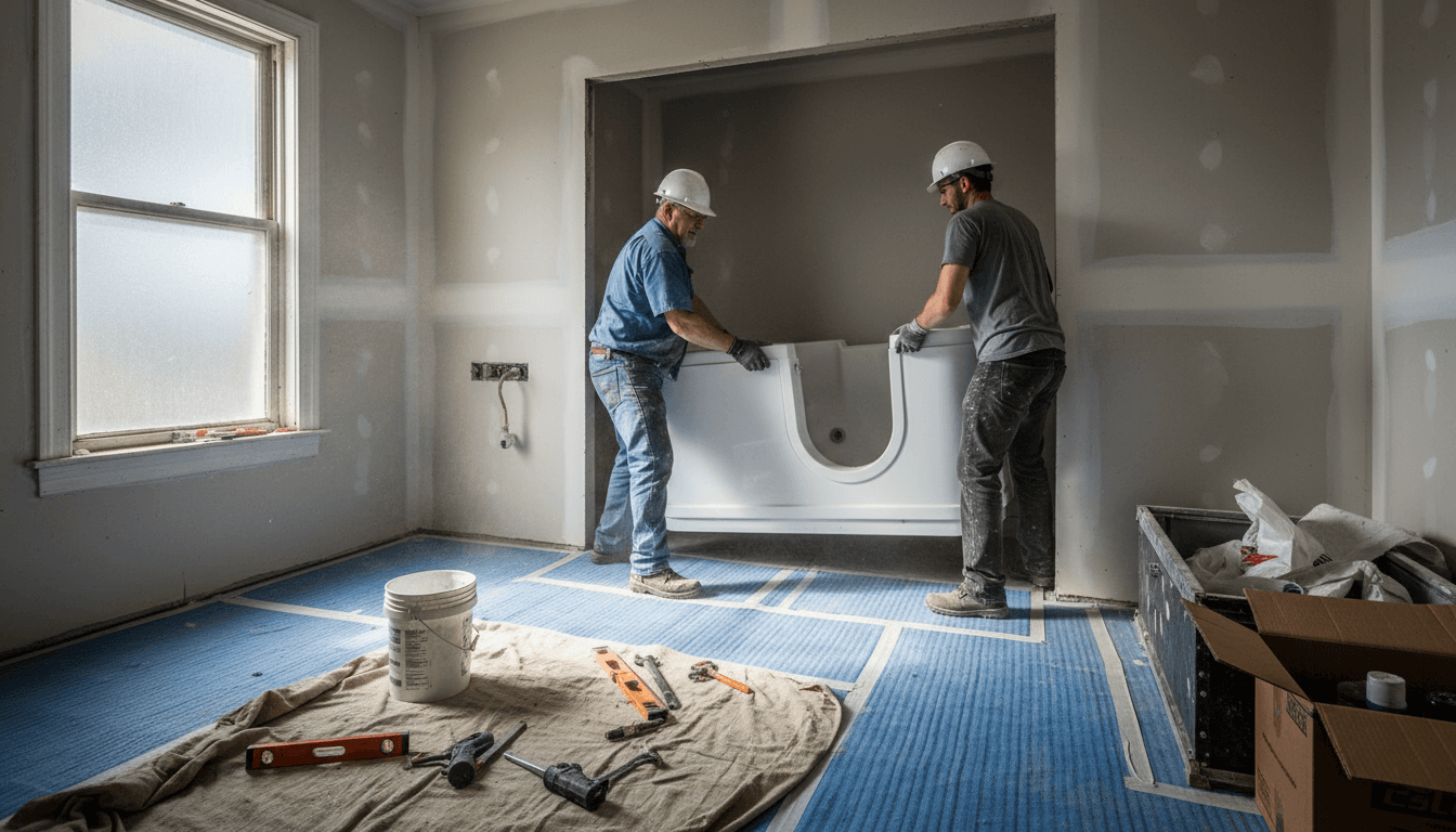 Contractors installing a walk-in tub in a bathroom