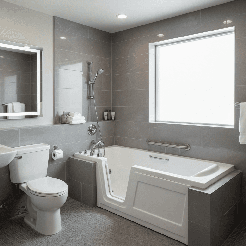 Finished walk-in tub with tiled surround