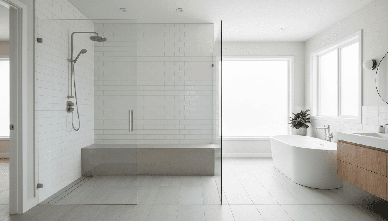 Modern walk-in shower with clear glass door, tiled bench and rainfall showerhead in a bright bathroom