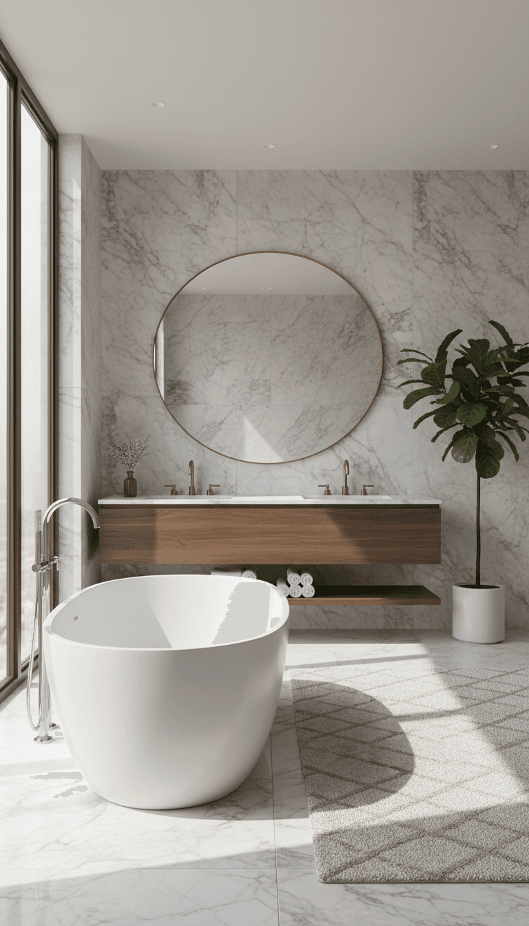 Walk-in bathroom with freestanding tub and large window