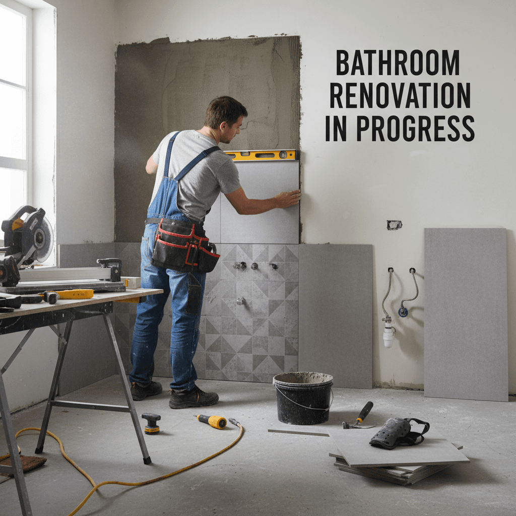 Contractor setting tile during bathroom remodel