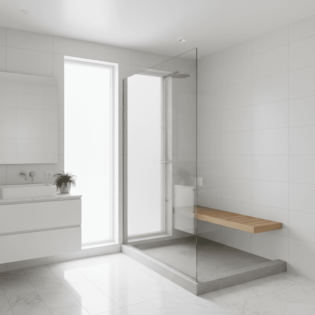 Modern walk-in shower with low threshold and bench