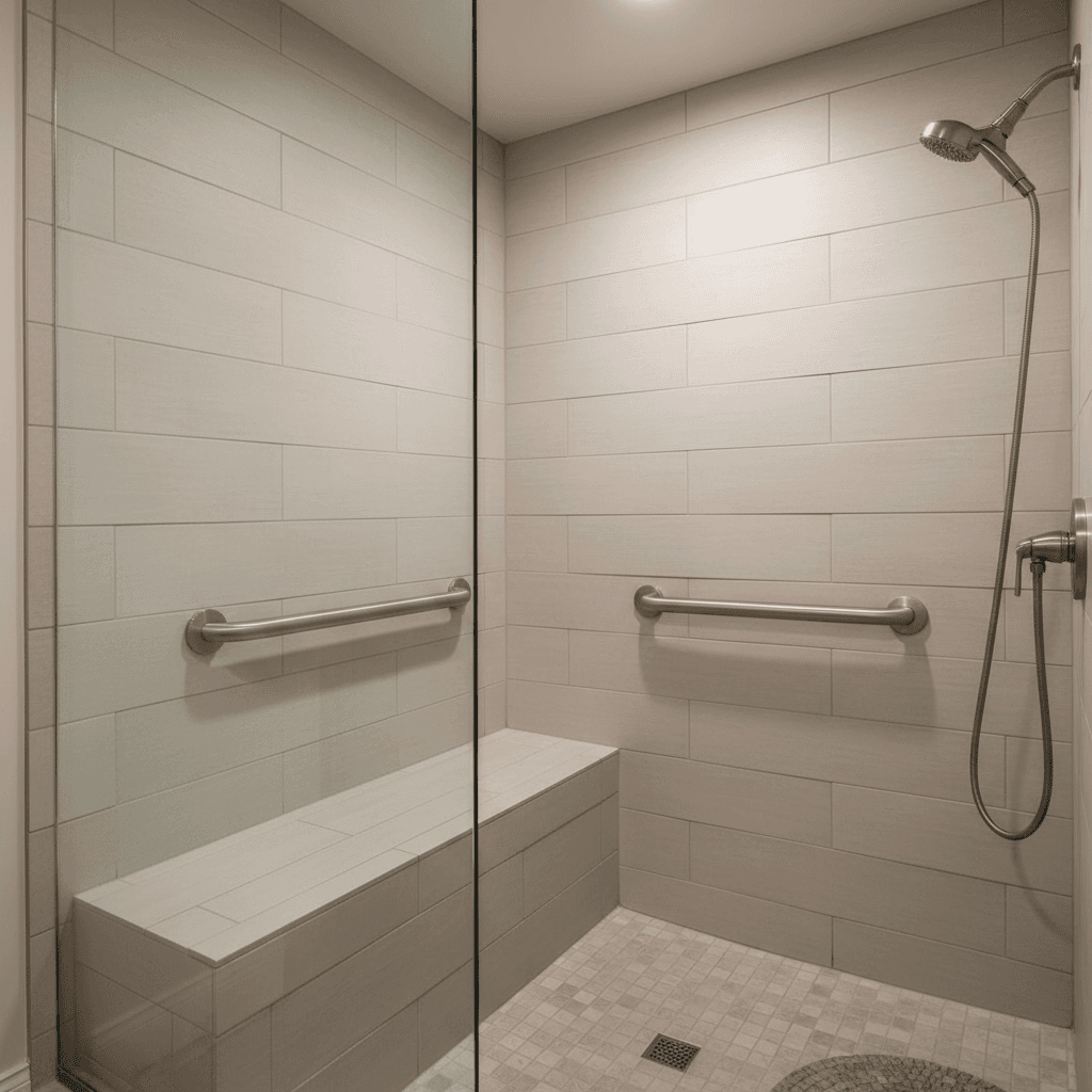 Walk-in shower with built-in bench and grab bar