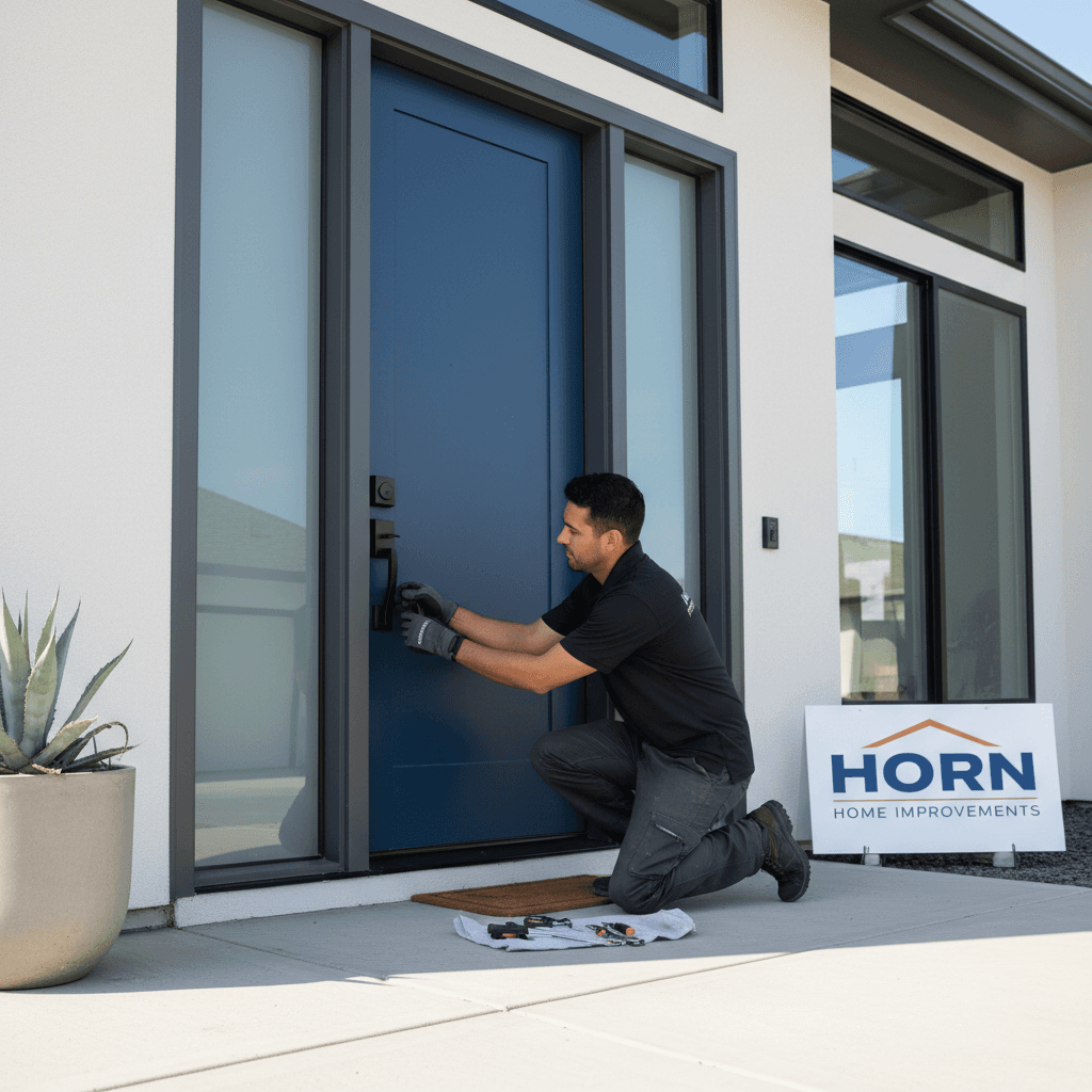 Contractor installing front door hardware