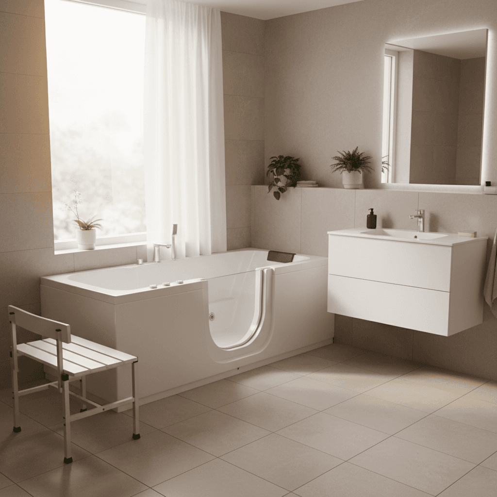 Walk-in tub with low step-in threshold and wide door