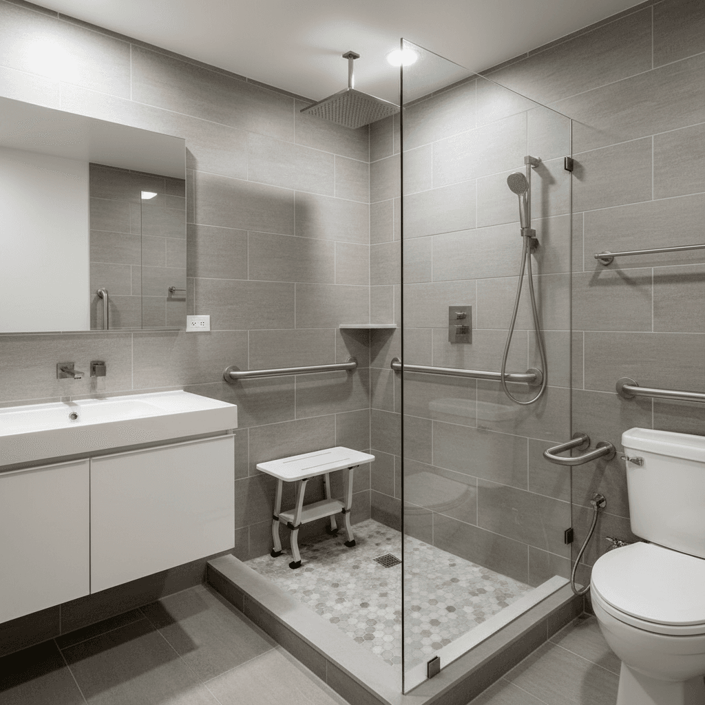 Walk-in bathroom with grab bars and rainfall shower head