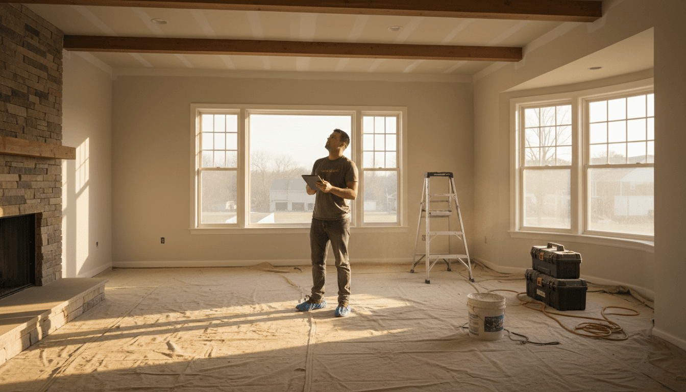Contractor reviewing finished interior work in a bright remodeled home