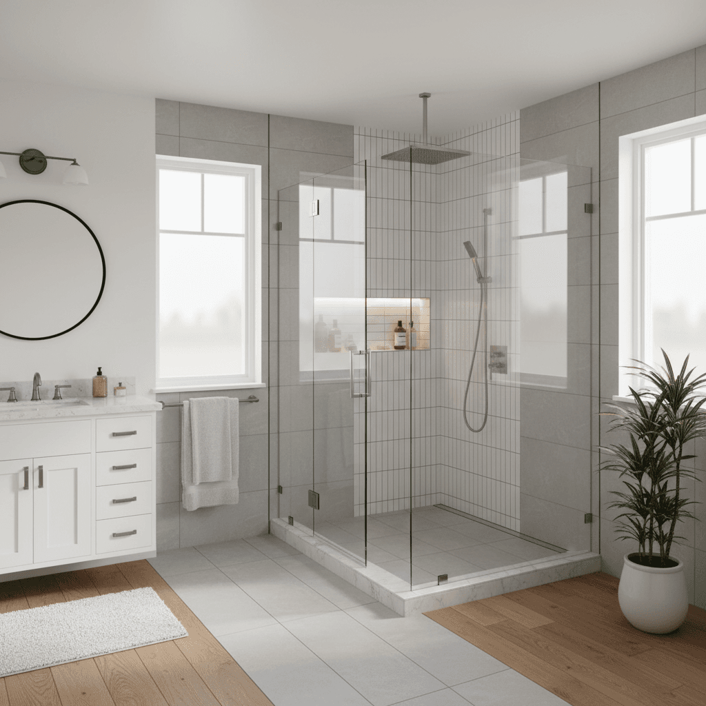 Modern walk-in shower with low threshold entry and glass door in bright bathroom