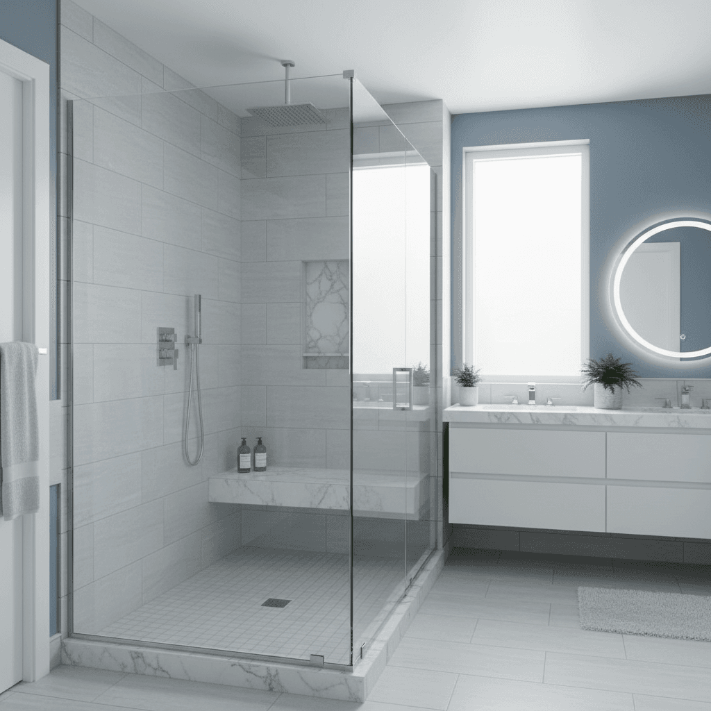 Finished walk-in shower with glass door and built-in bench