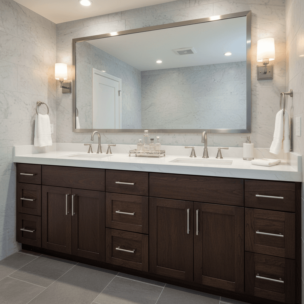 Custom vanity with quartz countertop in remodeled bathroom
