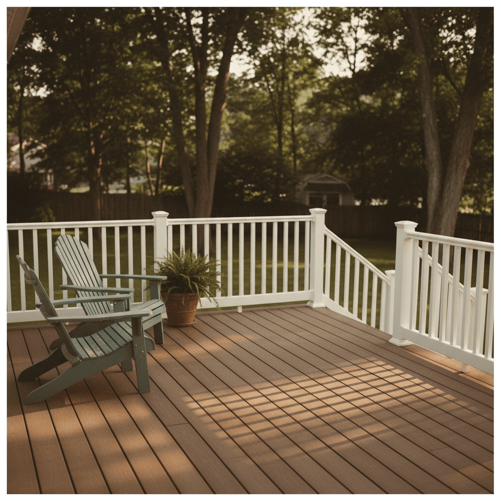 Newly built composite deck with railing in a backyard