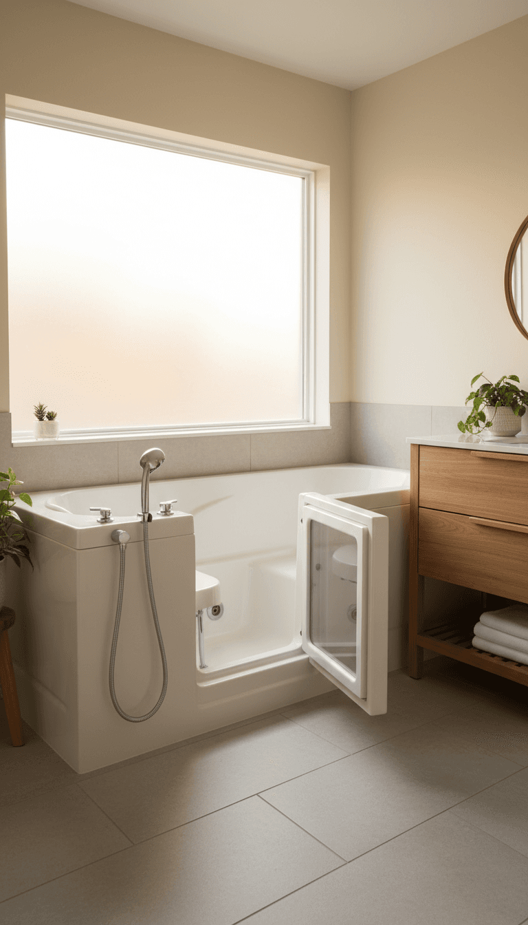 Modern walk-in tub with low entry and built-in seat