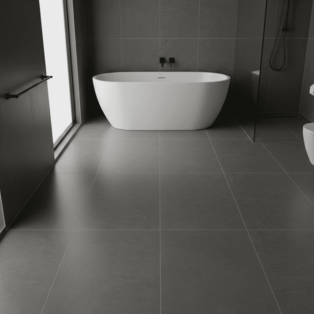 Large-format tile floor with a linear drain