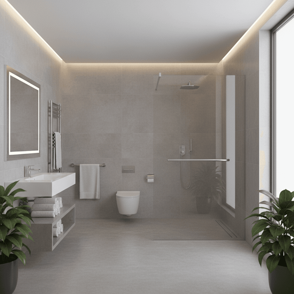 Spacious walk-in bathroom with open shower