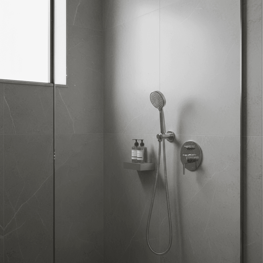 Handheld showerhead in holder on wall of modern walk-in shower