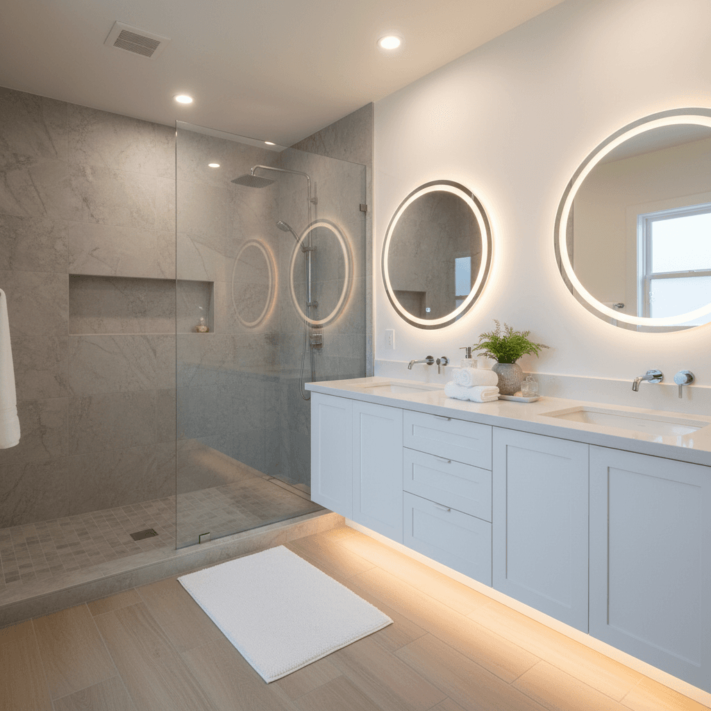 Bright finished bathroom with walk-in shower and white cabinetry
