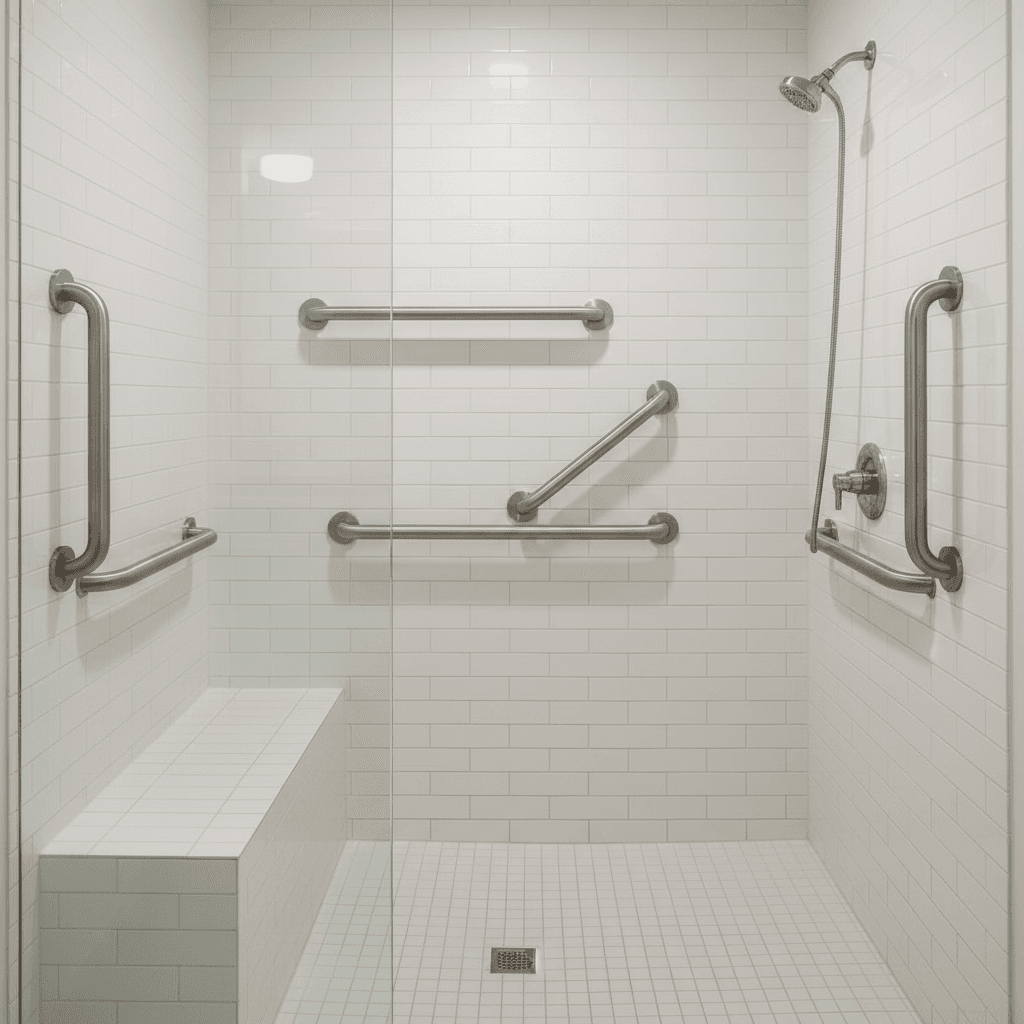 Grab bars mounted on tiled shower wall