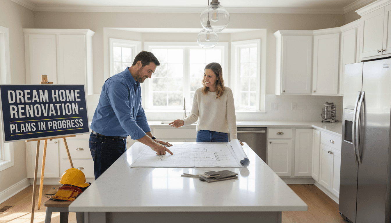 Contractor discussing home renovation plans with a homeowner in a bright kitchen