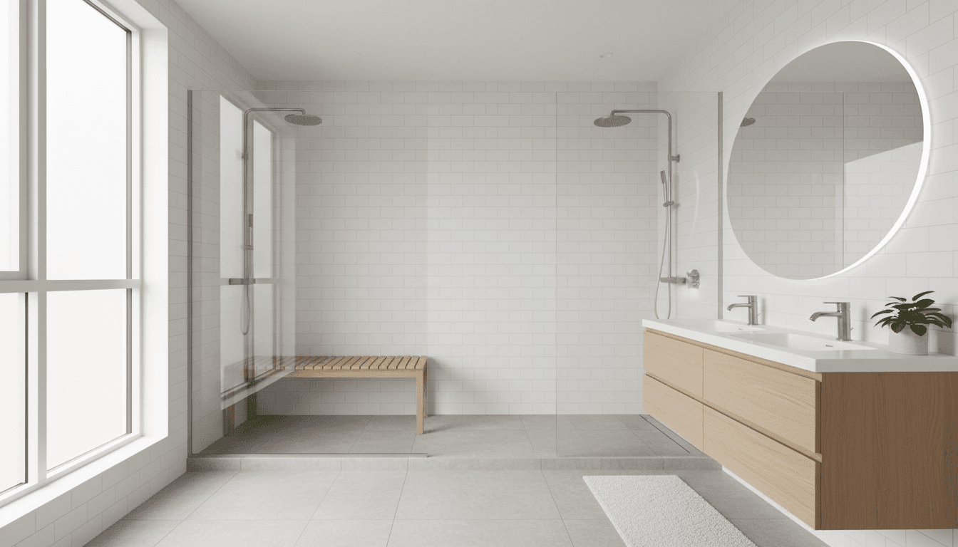 Bright modern walk-in shower with glass door and built-in bench in a remodeled bathroom