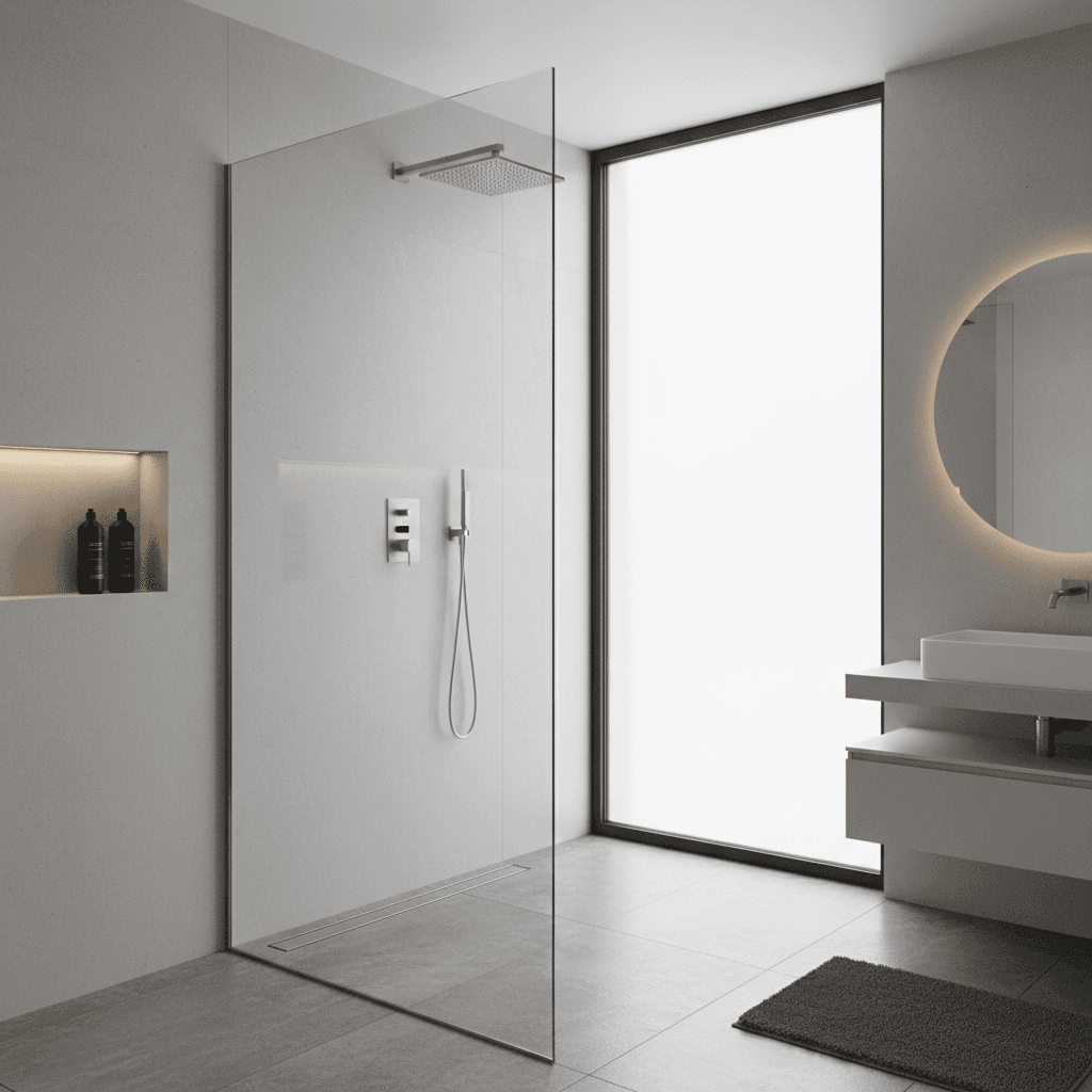 Curbless walk-in shower with clear glass panel