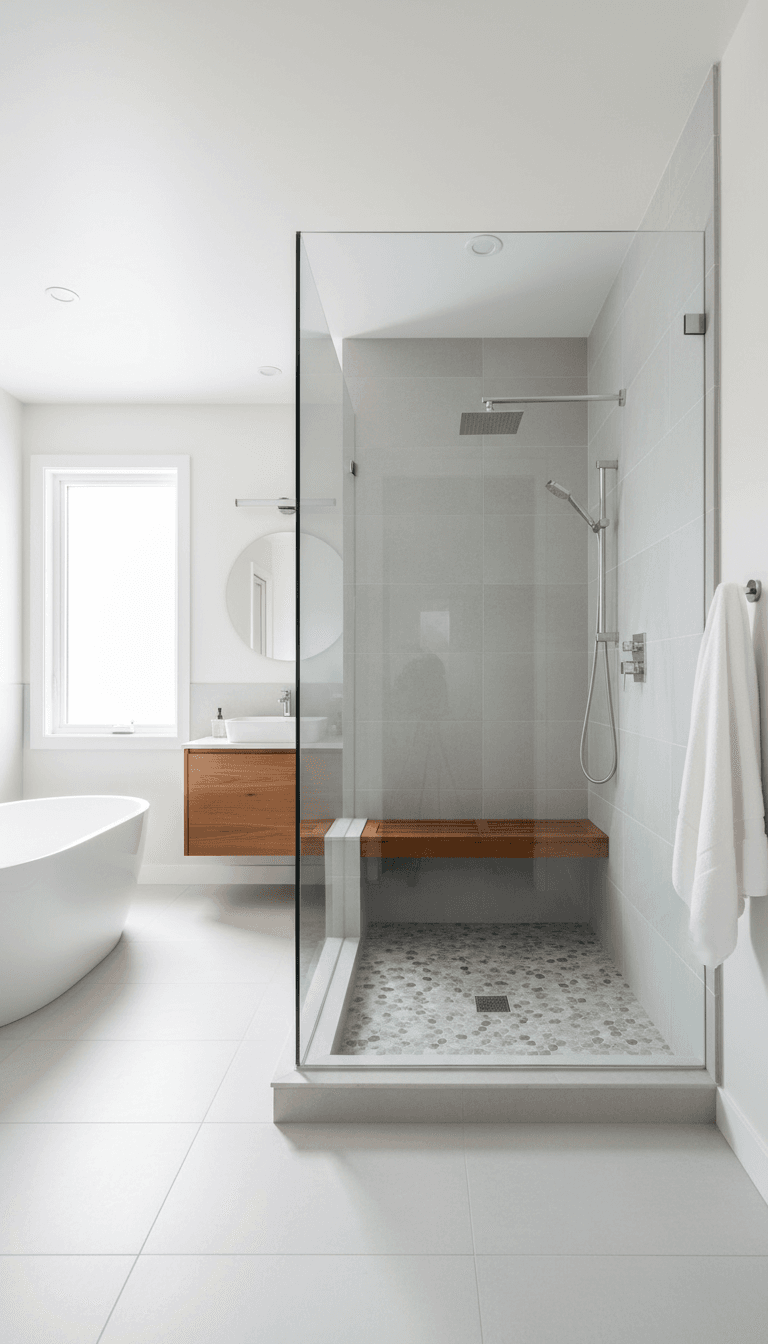 Walk-in shower with built-in bench and glass door