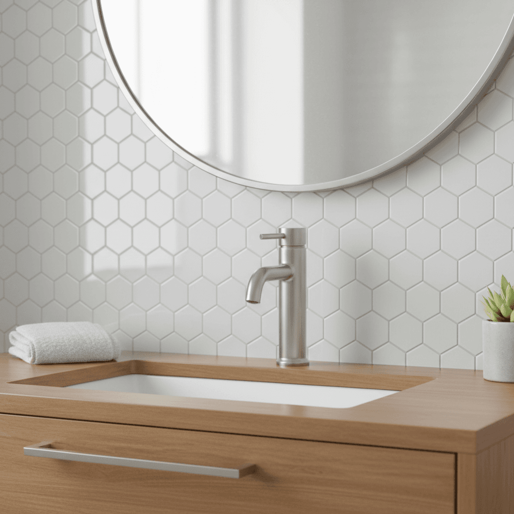 Modern bathroom vanity with subway tile and brushed nickel fixtures