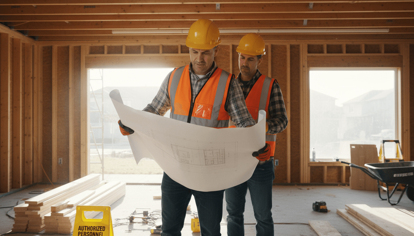 Contractor in safety vest reviewing blueprints at a residential renovation site