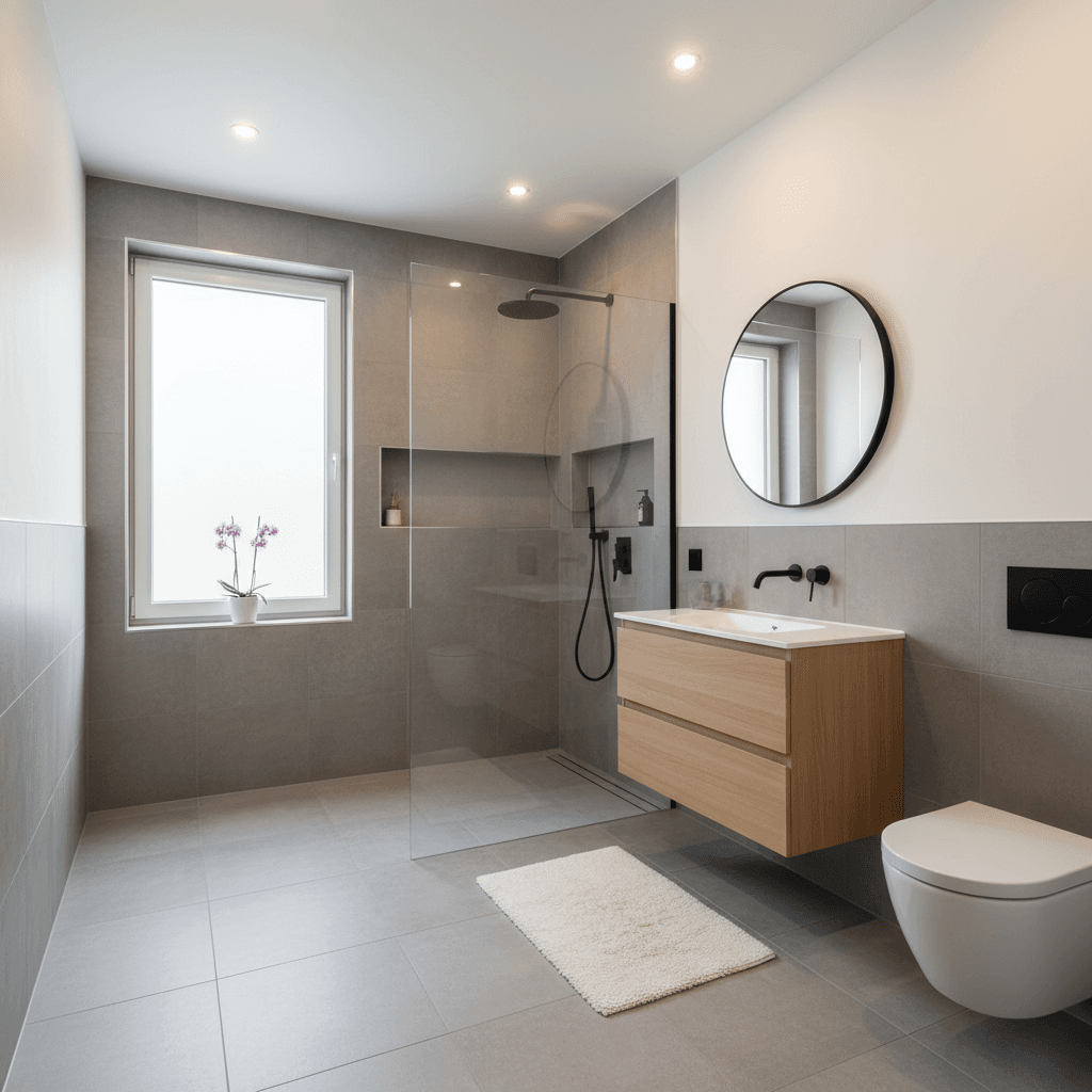 Curbless shower entry with large porcelain tiles