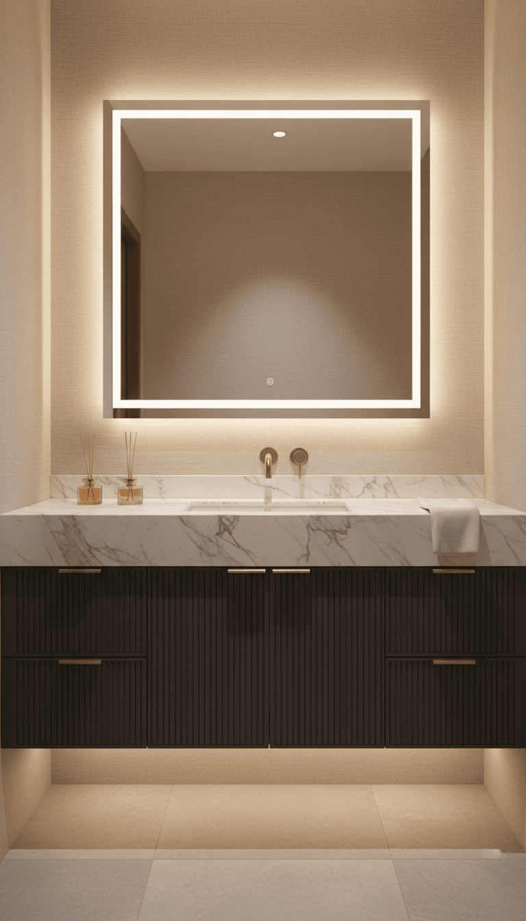 Bathroom vanity with marble countertop and brass fixtures