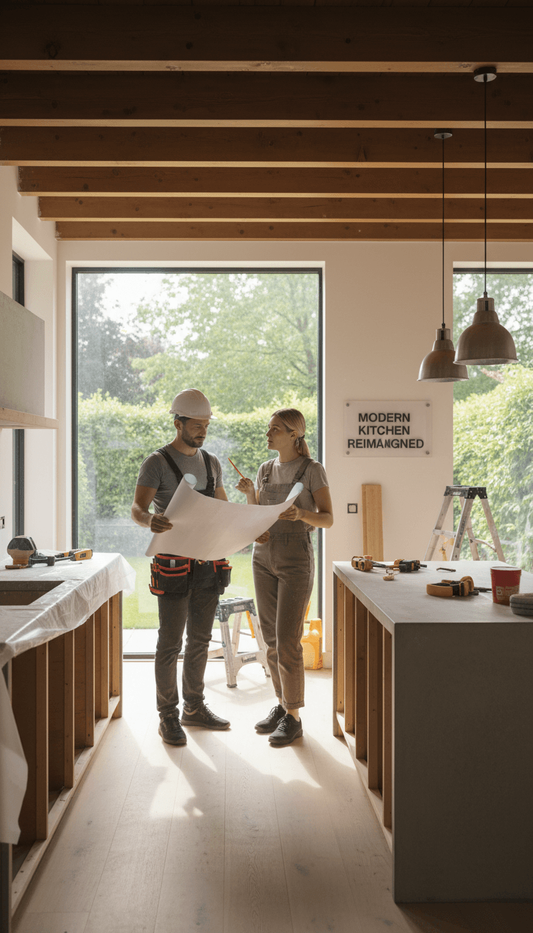 Contractor discussing project details with a homeowner during a kitchen remodel