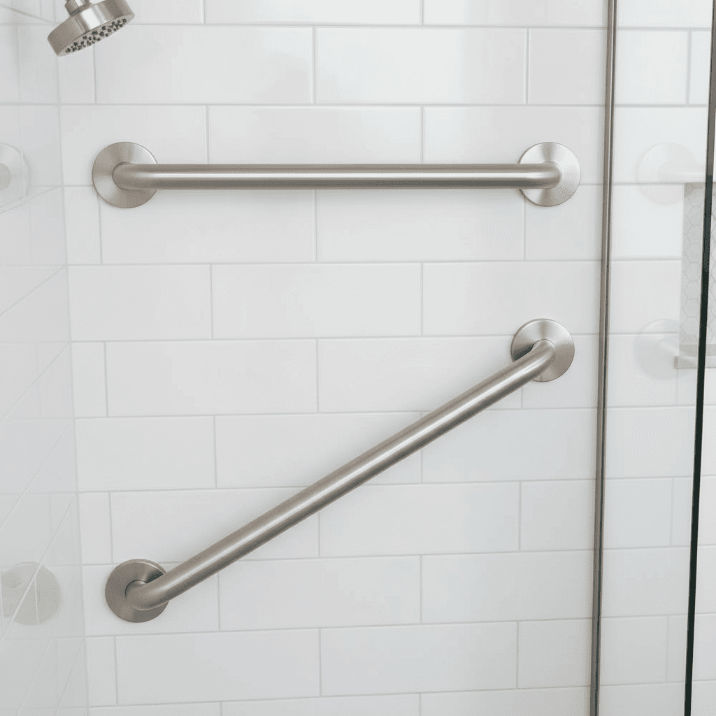 Sturdy grab bars mounted on tile wall inside walk-in shower
