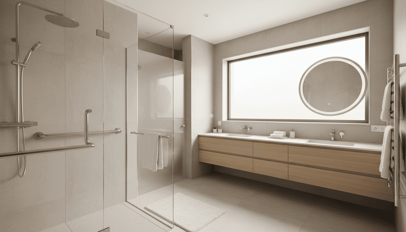 Bright modern walk-in bathroom with a curbless shower and chrome grab bar
