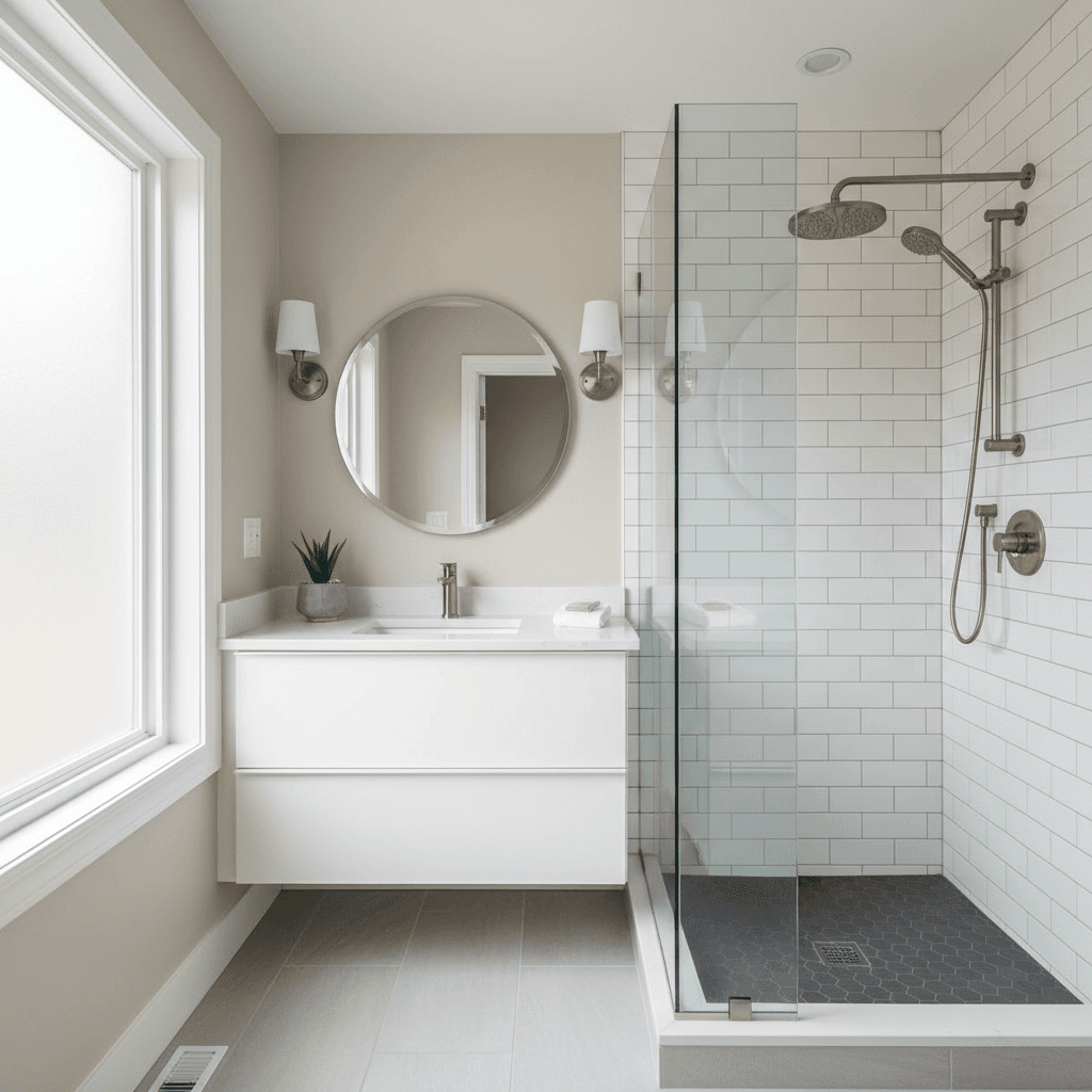 Freshly renovated bathroom featuring a walk-in shower with subway tile, new vanity, and brushed nickel fixtures in natural light