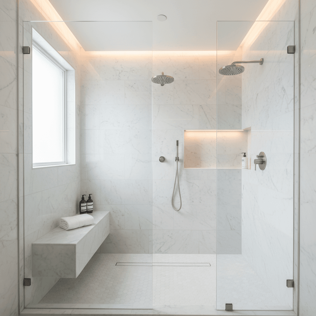 Bright walk-in shower with glass enclosure and modern lighting