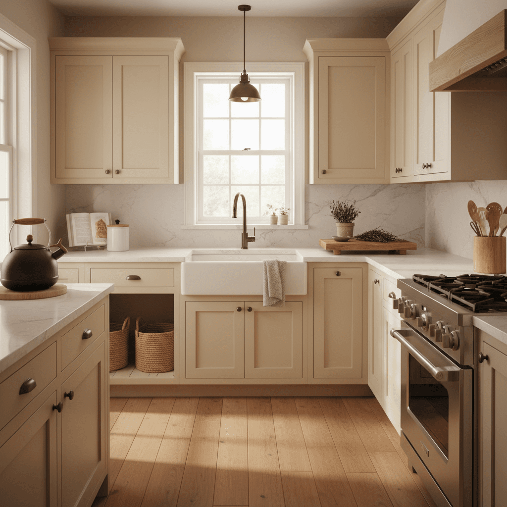 Newly remodeled kitchen with shaker cabinets and quartz countertops