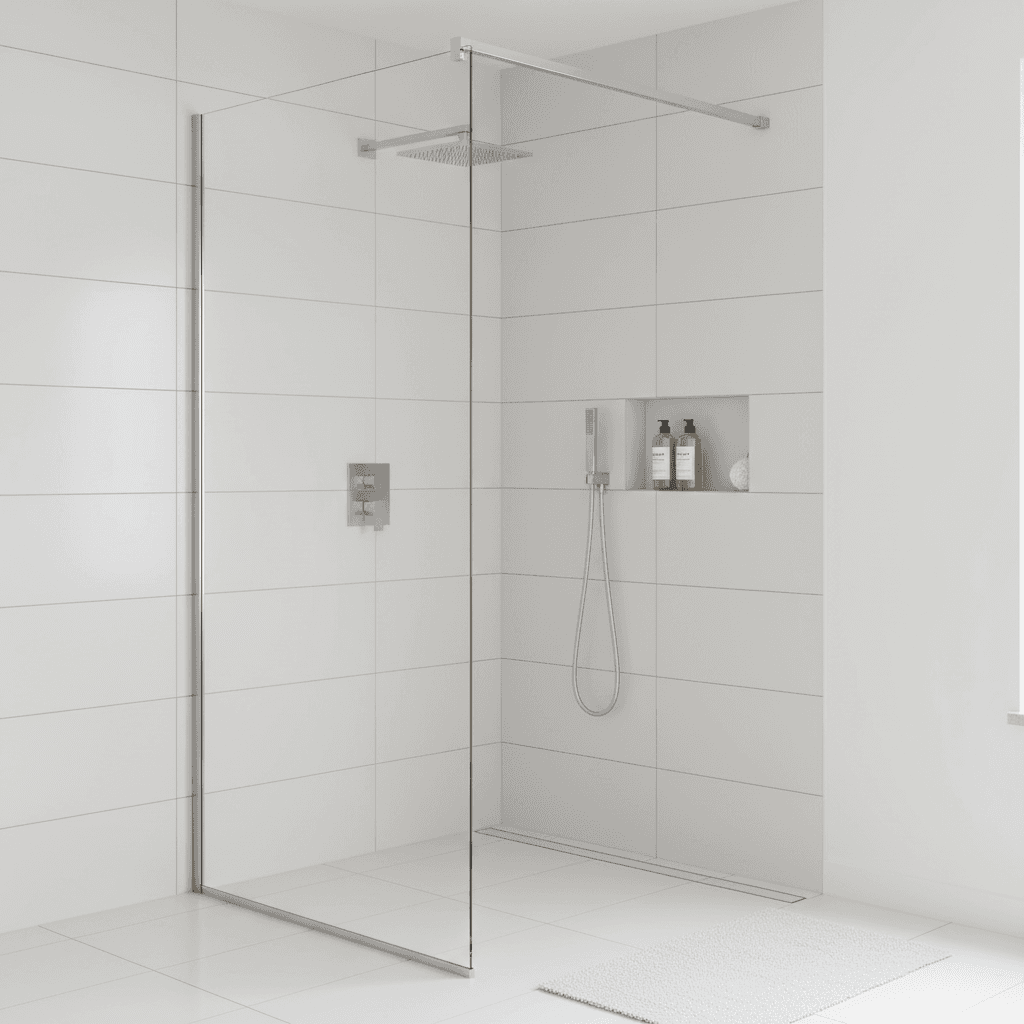 Walk-in shower with glass panel and white tiles