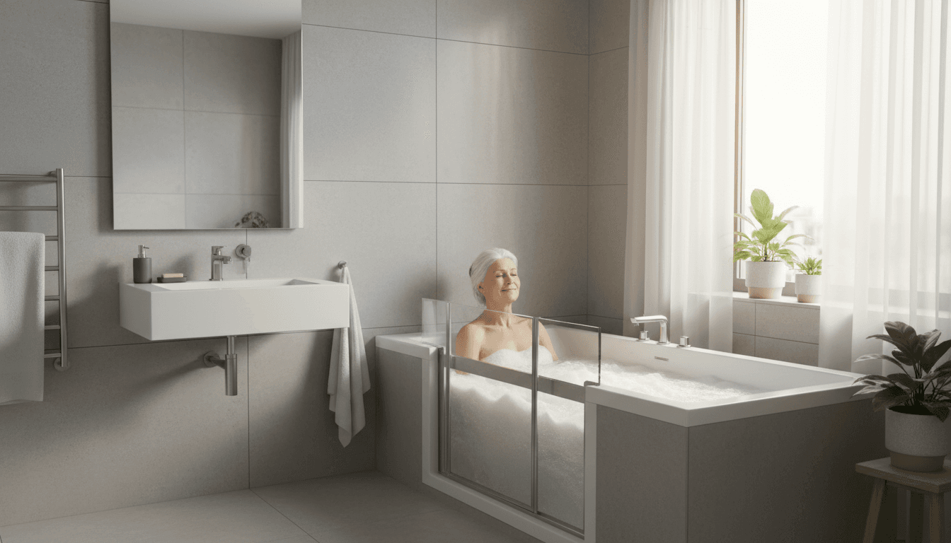 Older woman relaxing in a walk-in tub