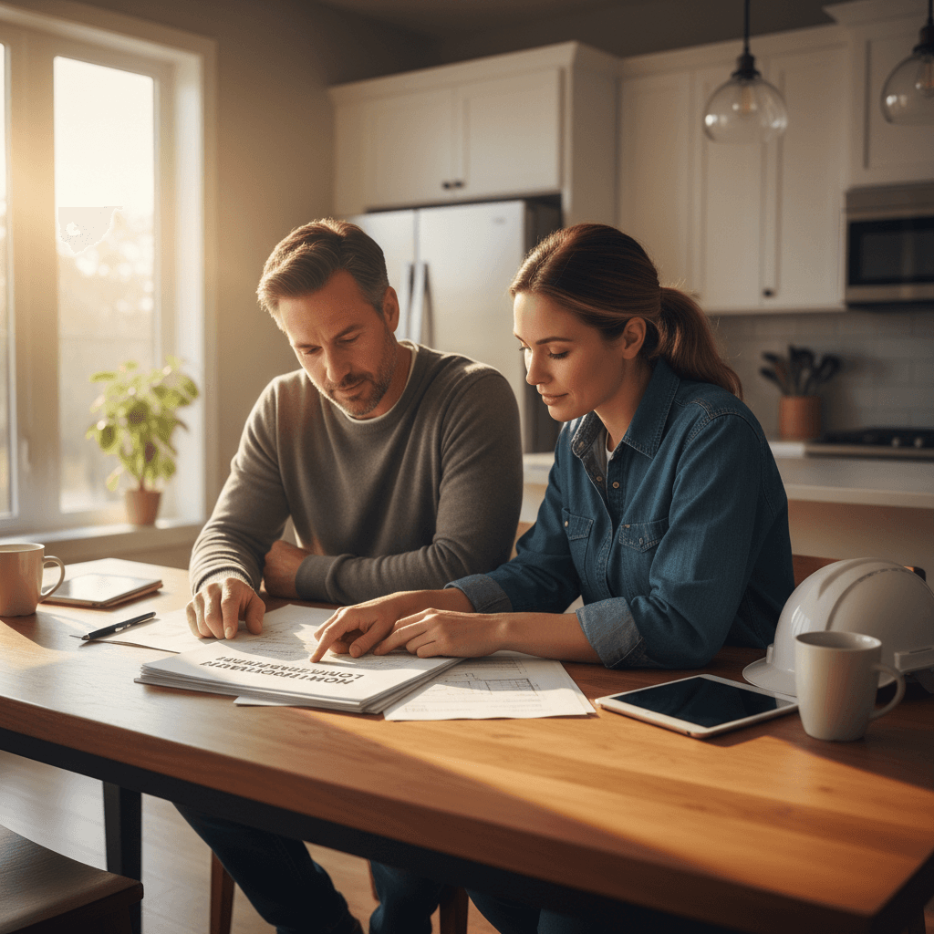 Homeowner reviewing financing paperwork with contractor