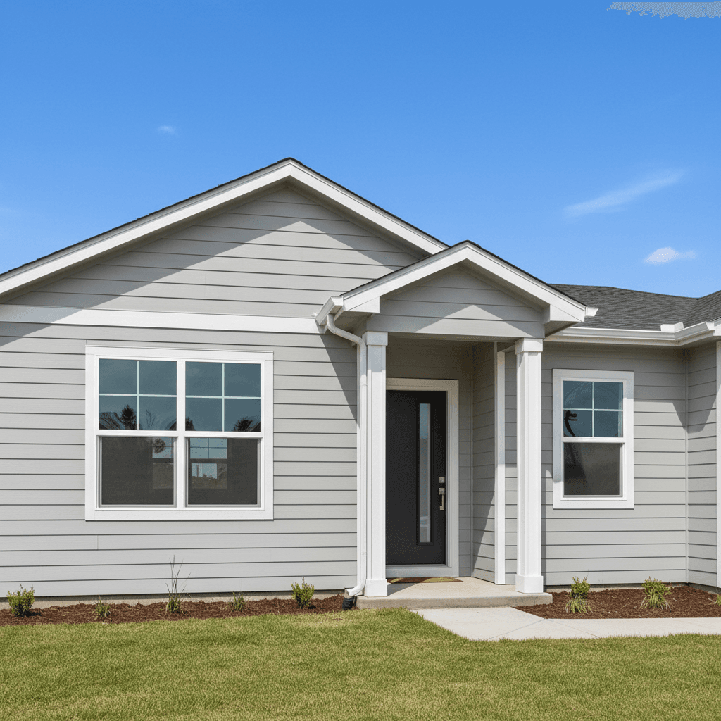 Updated home exterior with fresh siding, new trim, and a modern front door under bright blue sky