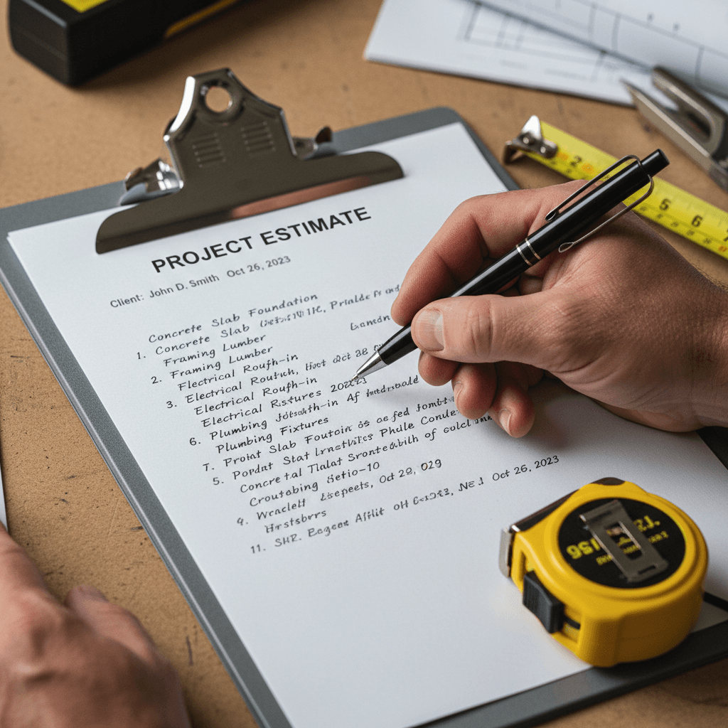 Close up of a contractor's hand holding a pen over a detailed written estimate document on a clipboard, with a tape measure beside it
