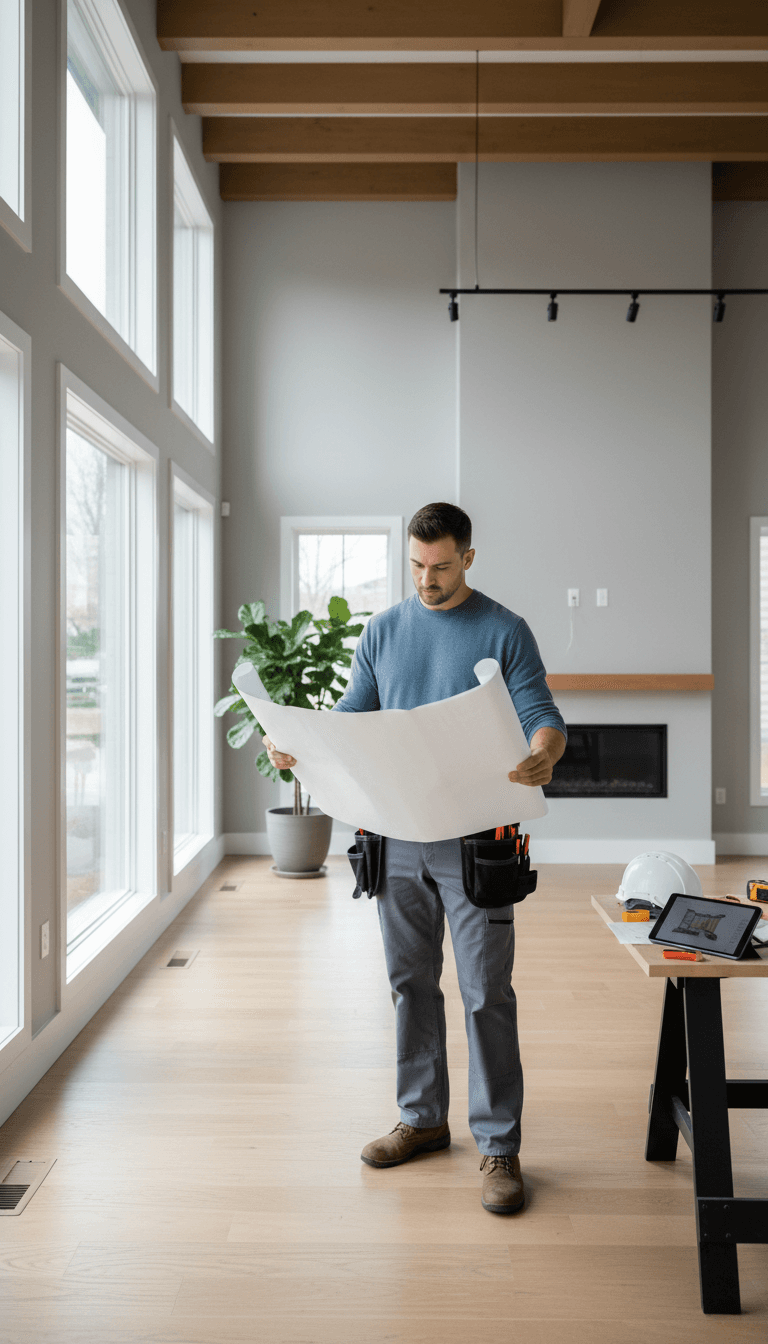 Contractor reviewing blueprints in a bright renovated home interior