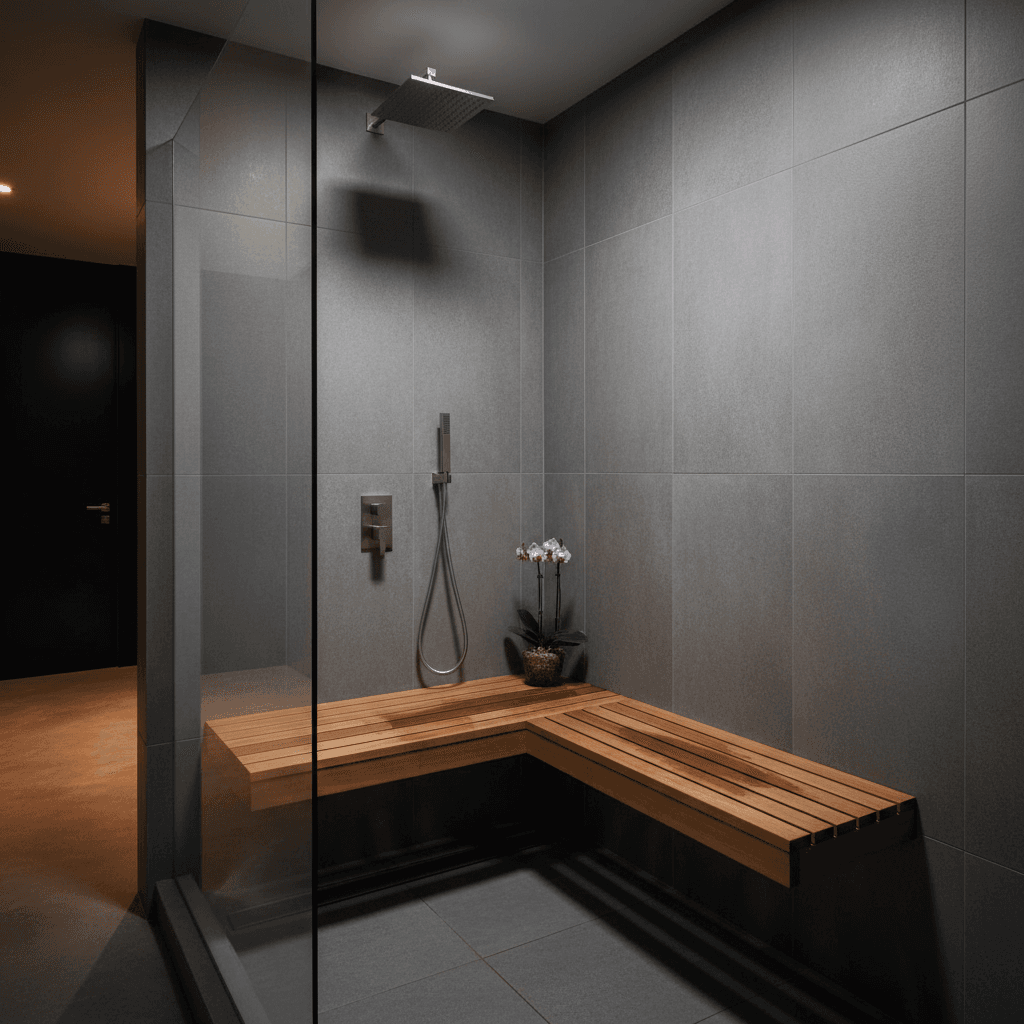 Walk-in shower with built-in teak bench and handheld showerhead