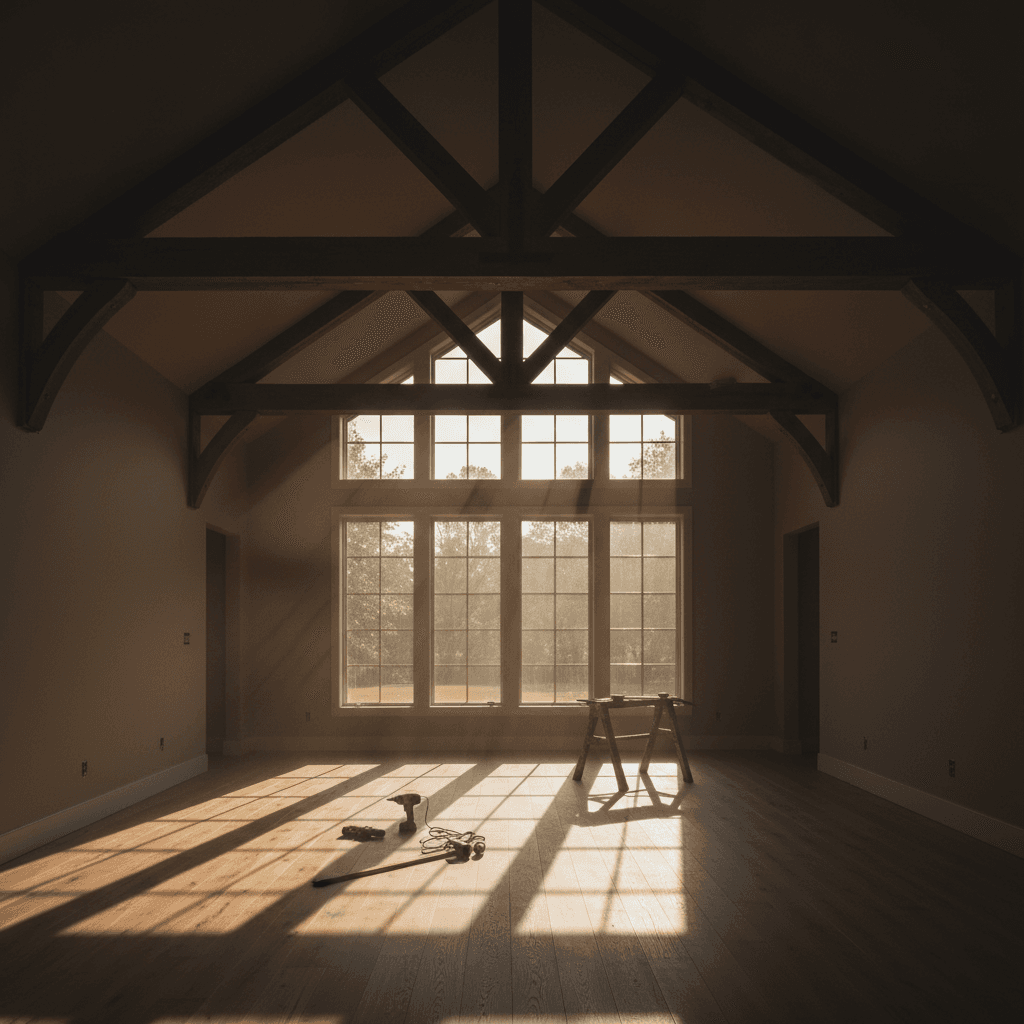 Open-concept room addition with vaulted ceilings and wood beams