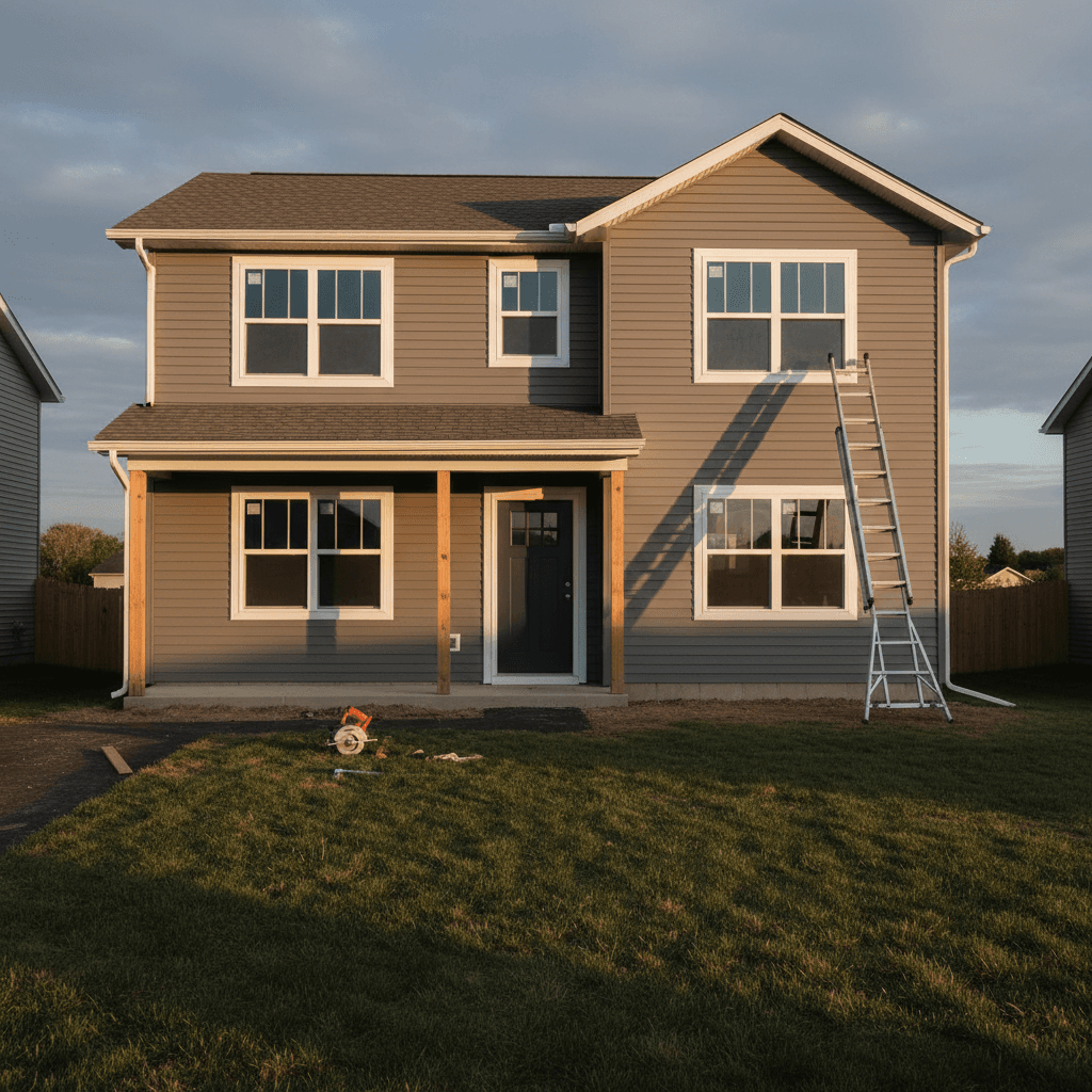 Home exterior with fresh siding and trim in warm gray